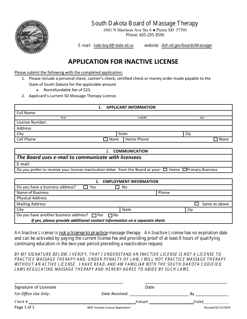Application for Inactive License - South Dakota Download Pdf