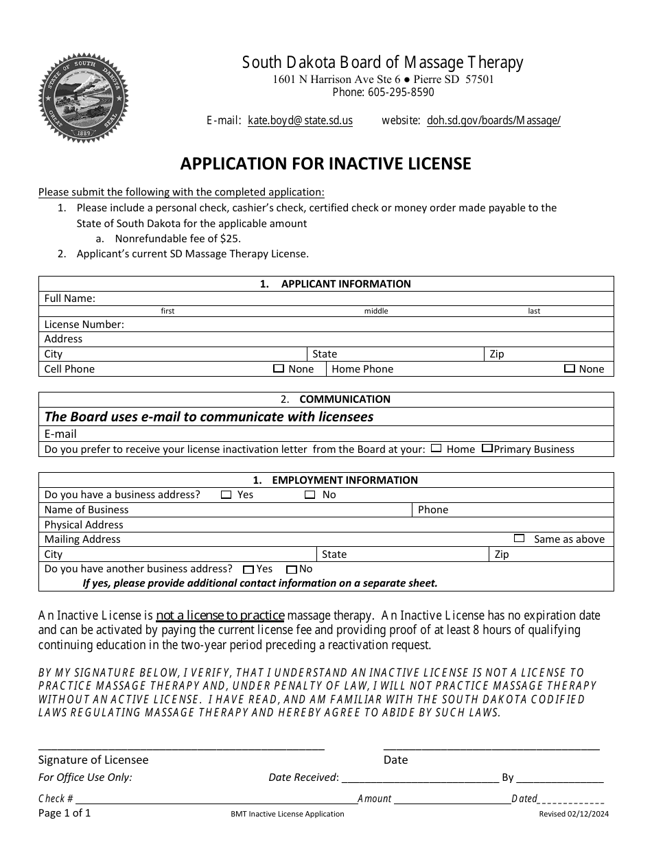 Application for Inactive License - South Dakota, Page 1