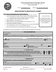 Document preview: Application to Reactivate License - South Dakota
