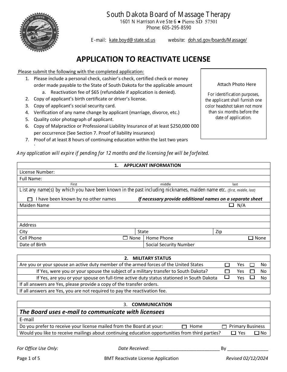 Application to Reactivate License - South Dakota, Page 1