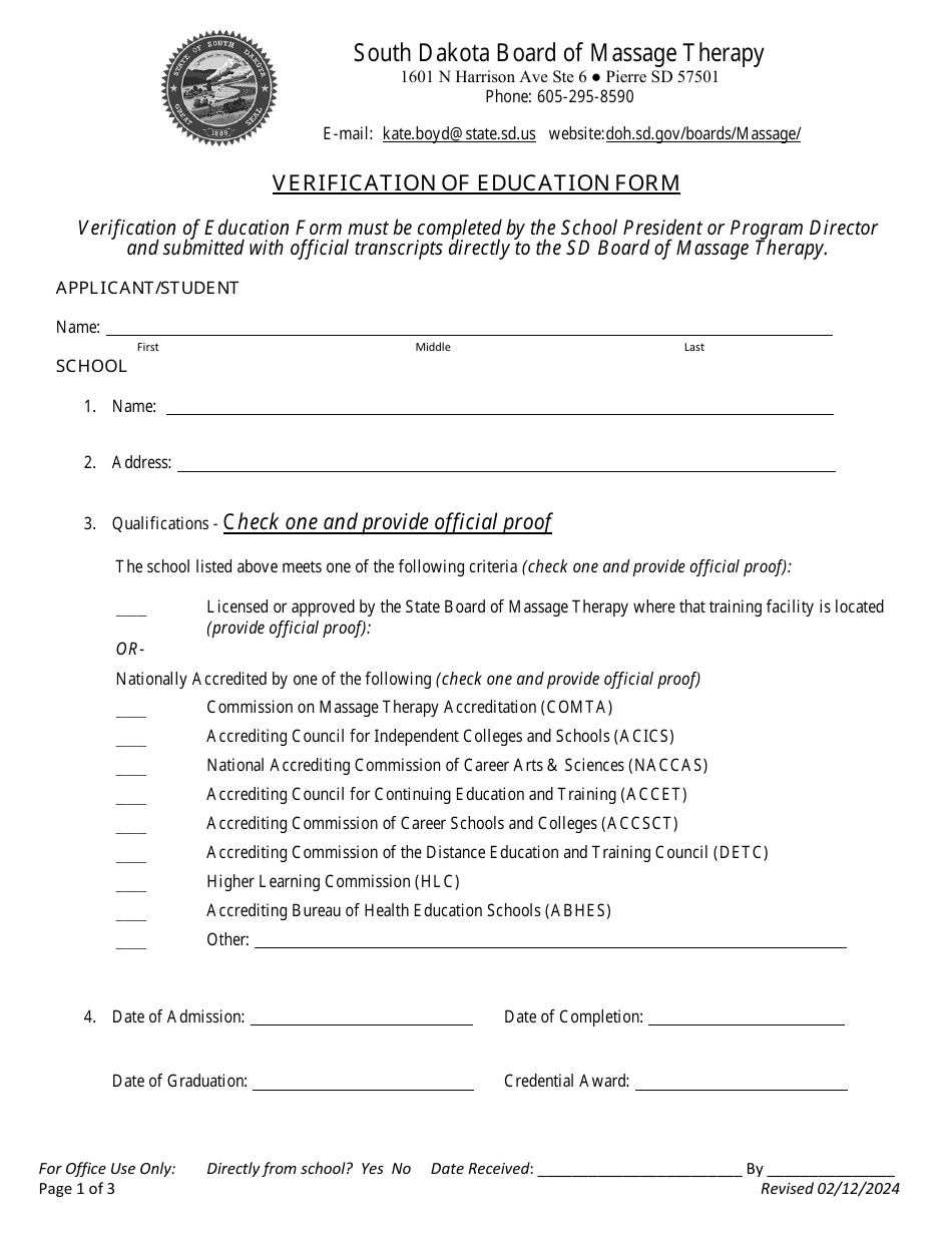 South Dakota Verification of Education Form Download Printable PDF
