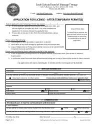 Document preview: Application for License - After Temporary Permit(S) - South Dakota