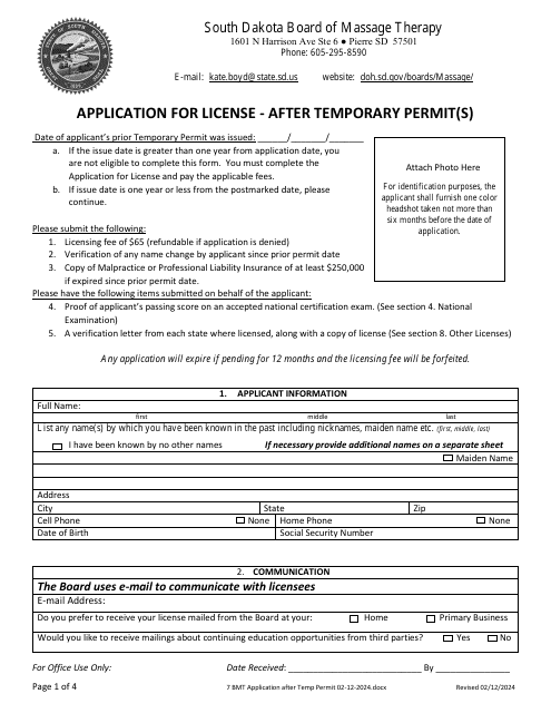Application for License - After Temporary Permit(S) - South Dakota