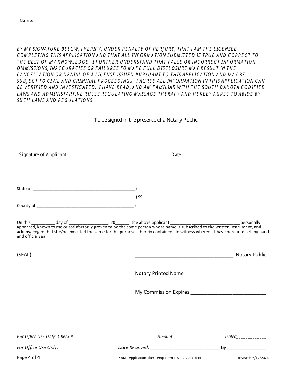 Application for License - After Temporary Permit(S) - South Dakota, Page 4
