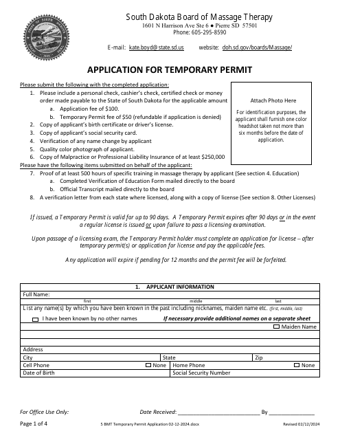 Application for Temporary Permit - South Dakota Download Pdf