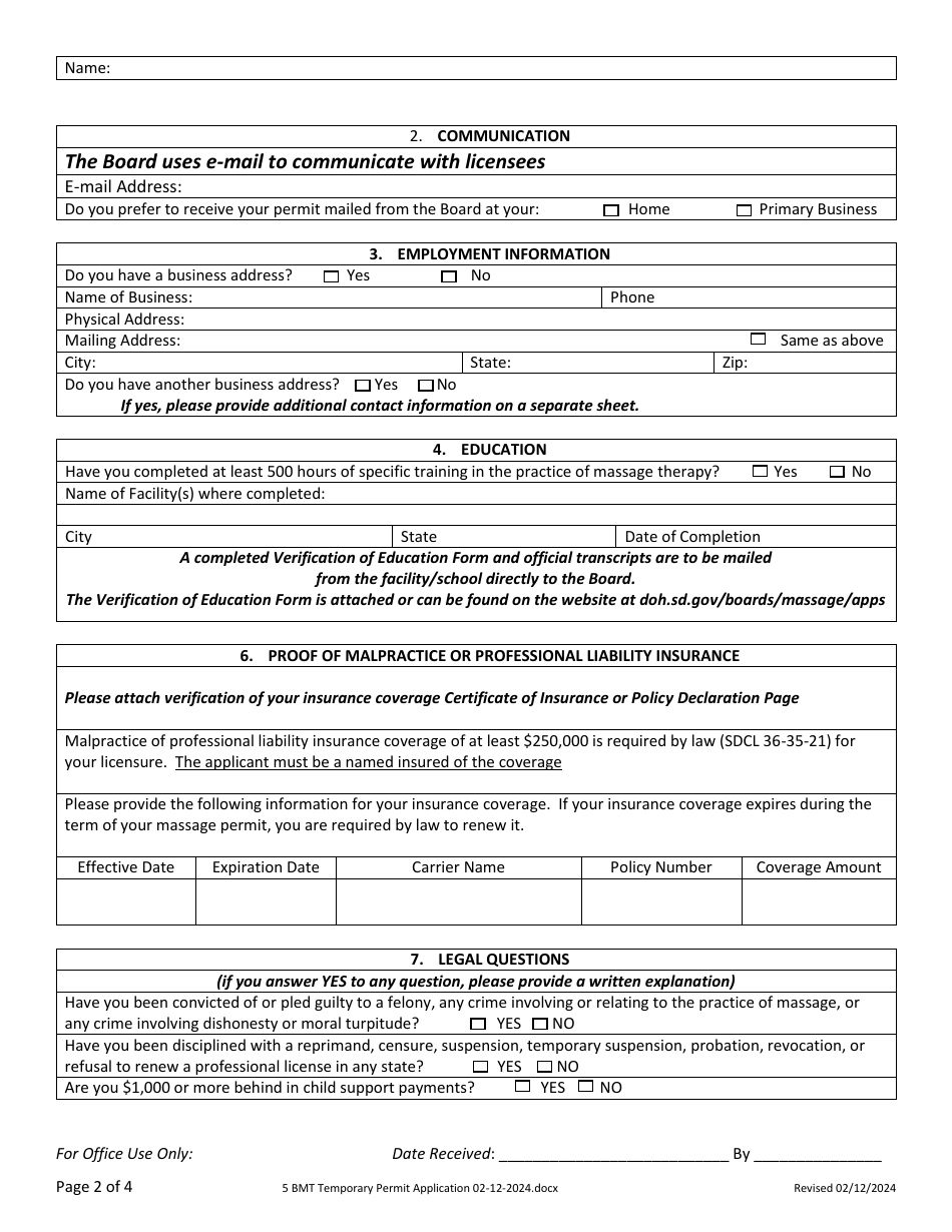 Application for Temporary Permit - South Dakota, Page 2