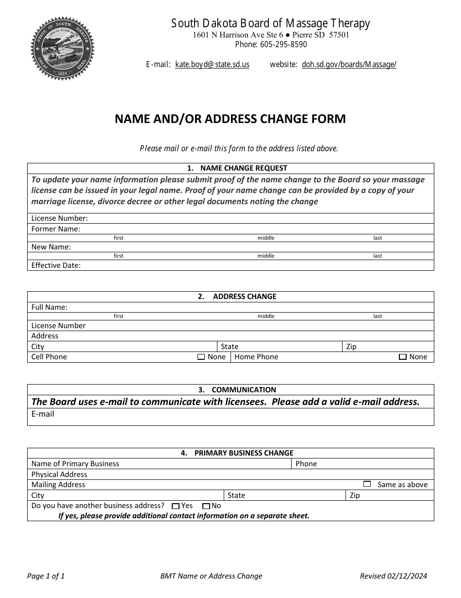 Name and / or Address Change Form - South Dakota, Page 1