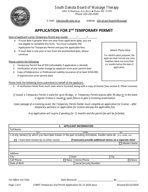 Application for Second Temporary Permit - South Dakota Download Pdf