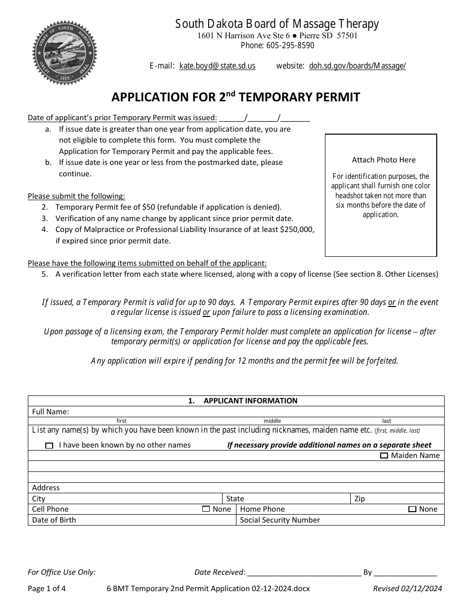 Application for Second Temporary Permit - South Dakota, Page 1