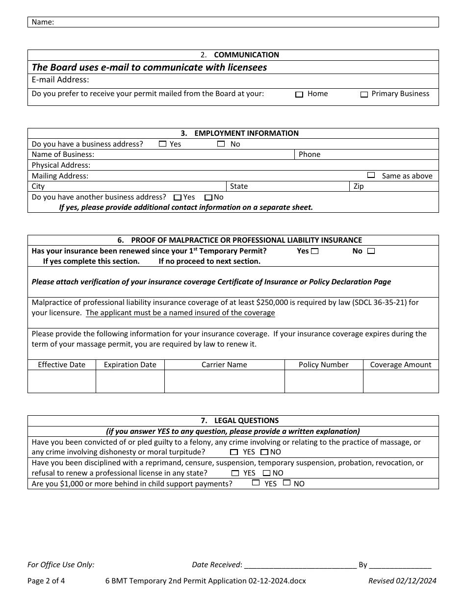 Application for Second Temporary Permit - South Dakota, Page 2