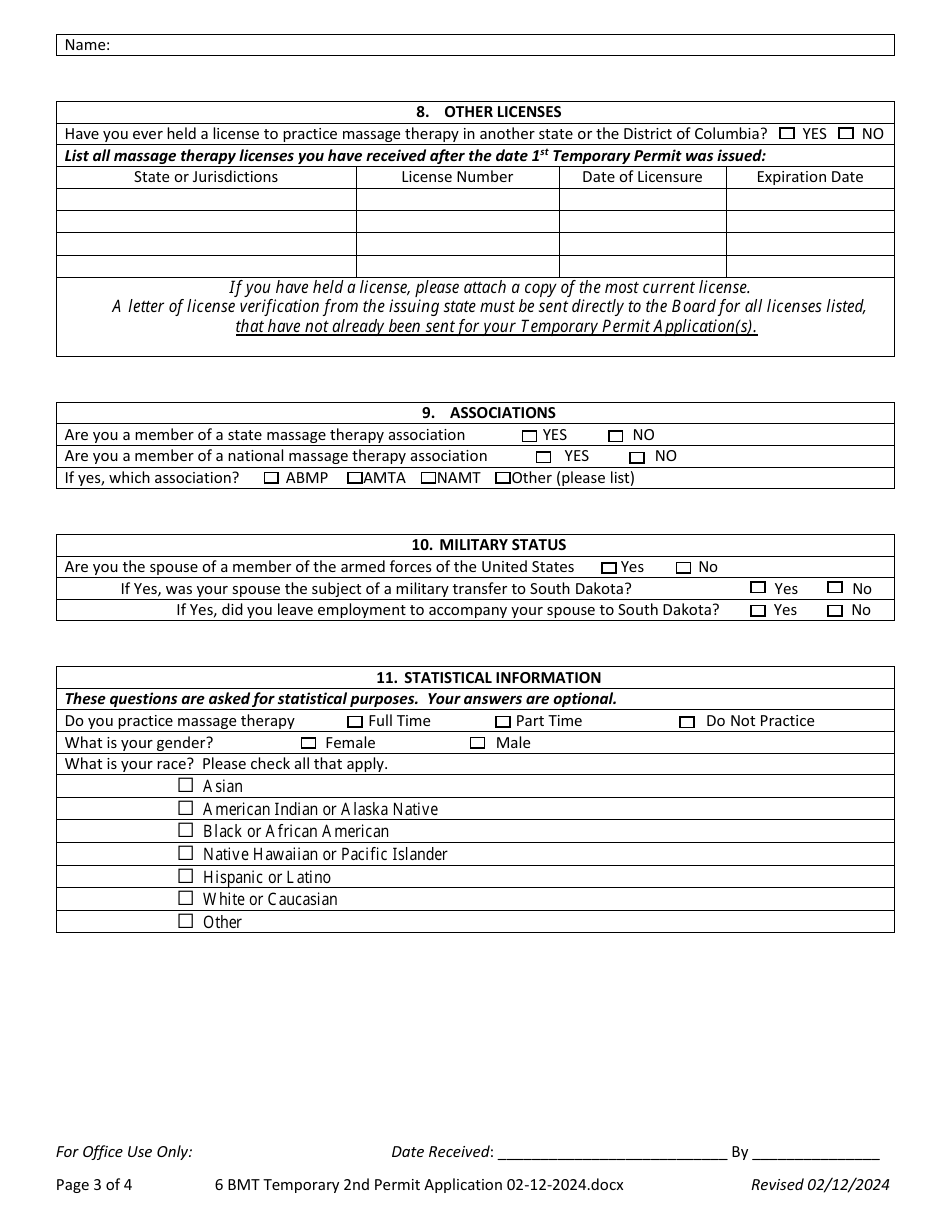 Application for Second Temporary Permit - South Dakota, Page 3