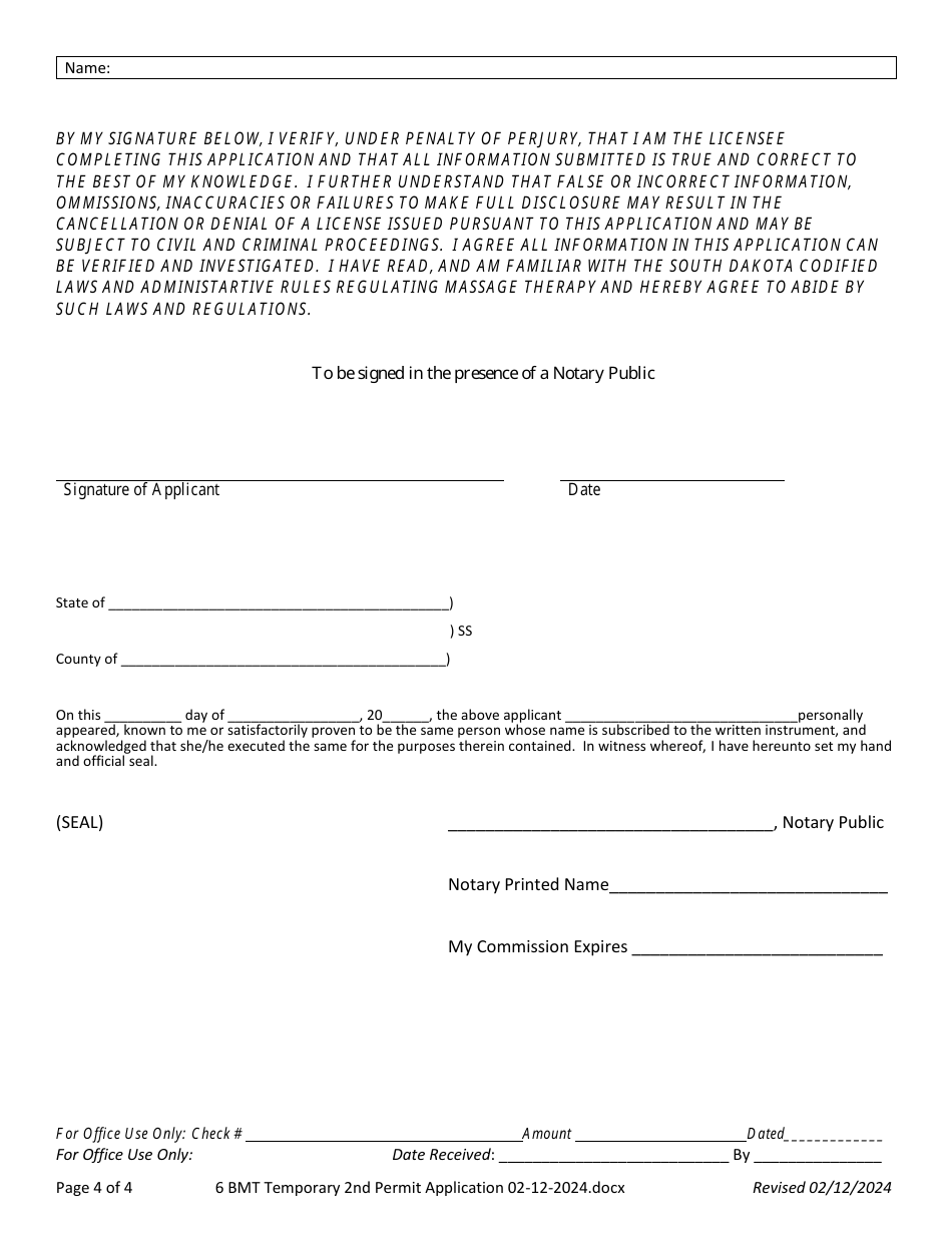 Application for Second Temporary Permit - South Dakota, Page 4