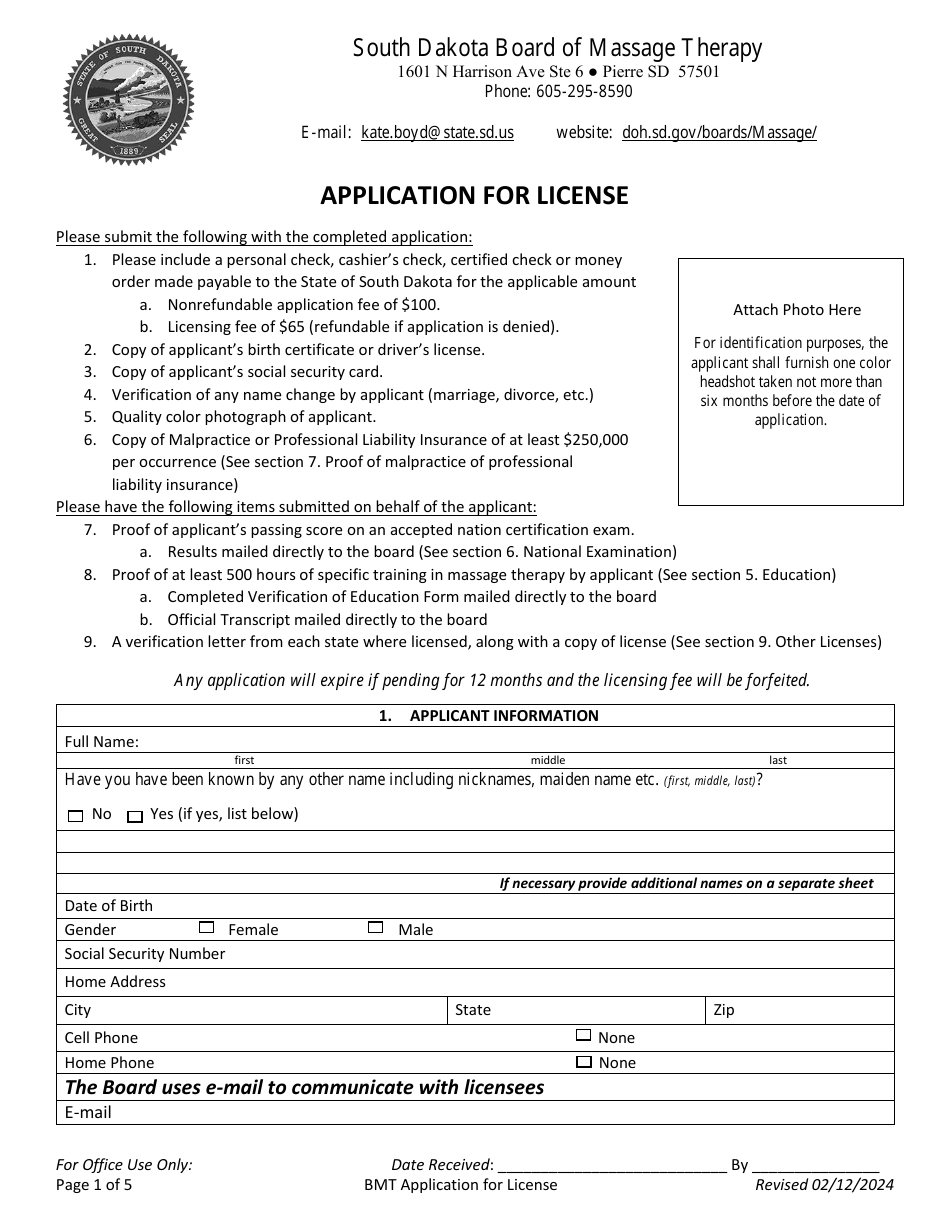 Application for License - South Dakota, Page 1