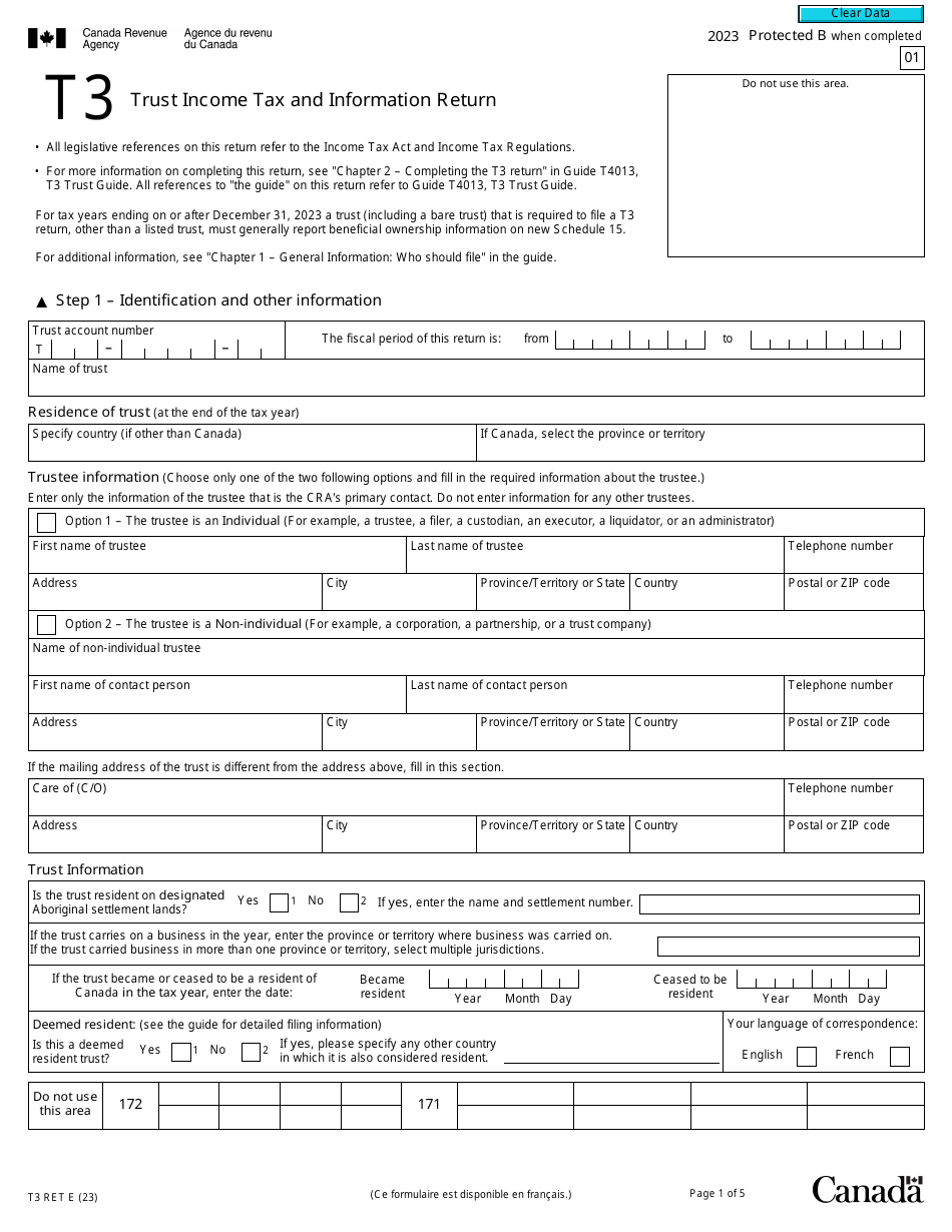 Form T3RET Trust Income Tax and Information Return - Canada, Page 1