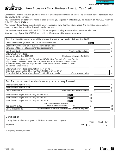 Form T1258 New Brunswick Small Business Investor Tax Credit - Canada, 2023