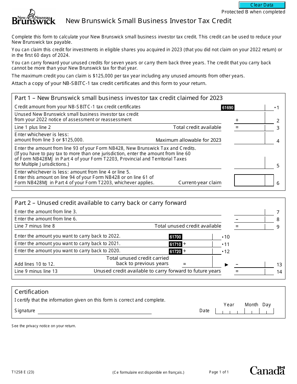 Form T1258 New Brunswick Small Business Investor Tax Credit - Canada, Page 1