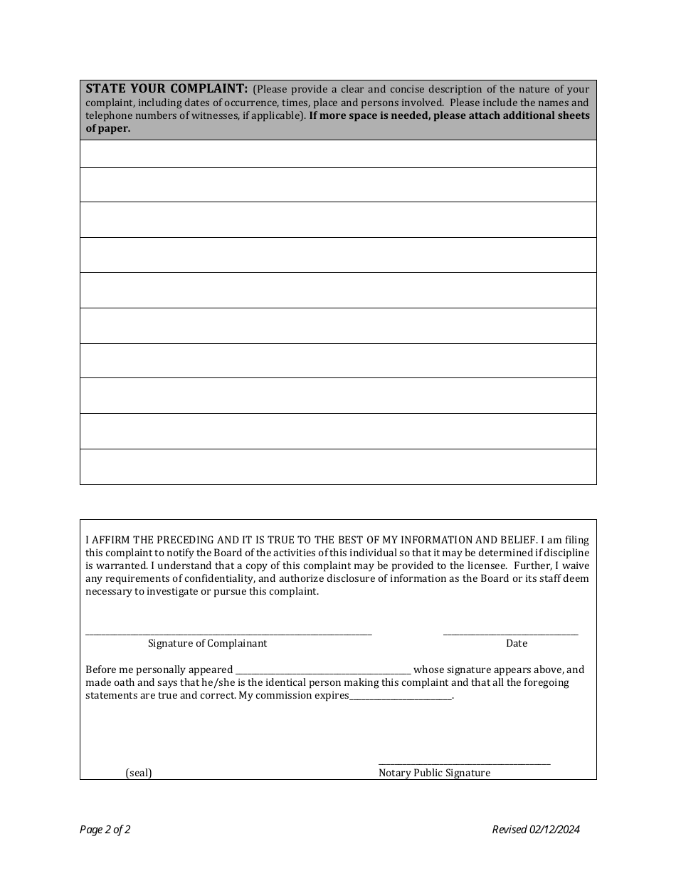 Complaint Form - South Dakota, Page 2