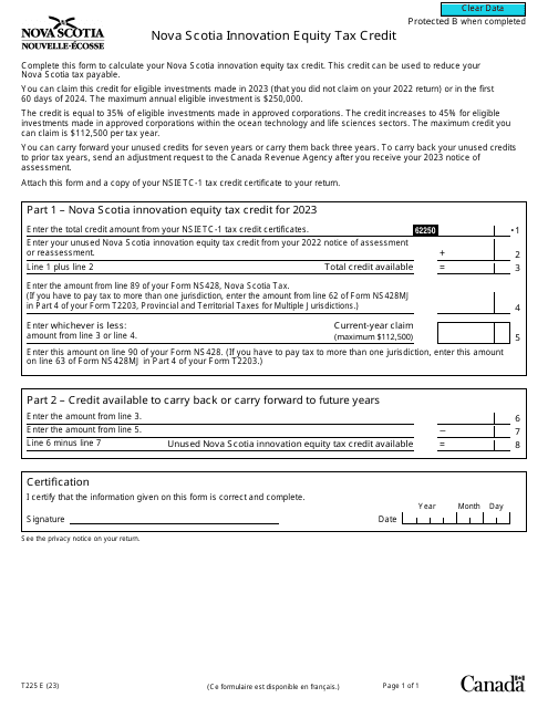 Form T225 Nova Scotia Innovation Equity Tax Credit - Canada