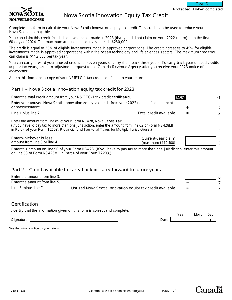 Form T225 Nova Scotia Innovation Equity Tax Credit - Canada, Page 1