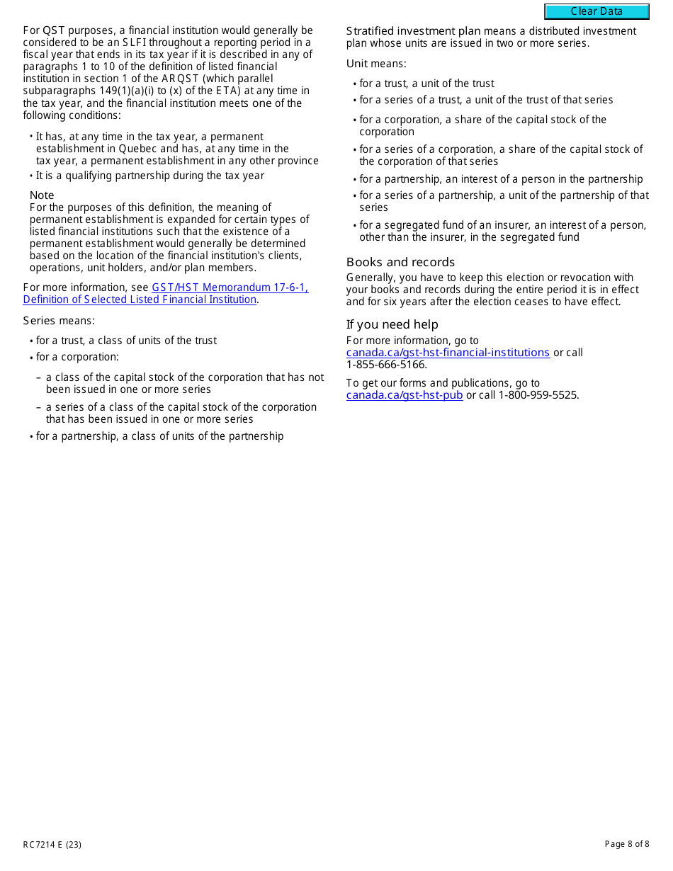 Form RC7214 Attribution Point Elections or Revocation of the Election for Selected Listed Financial Institutions for Gst / Hst and Qst Purposes or Only for Qst Purposes - Canada, Page 8