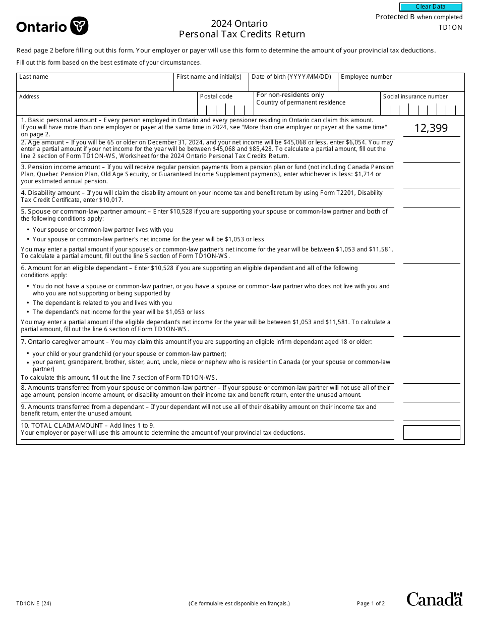 Form TD1ON Download Fillable PDF or Fill Online Ontario Personal Tax Credits Return 2024