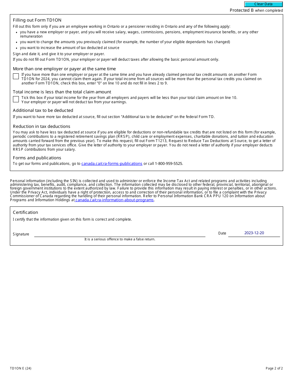 Form TD1ON Download Fillable PDF or Fill Online Ontario Personal Tax