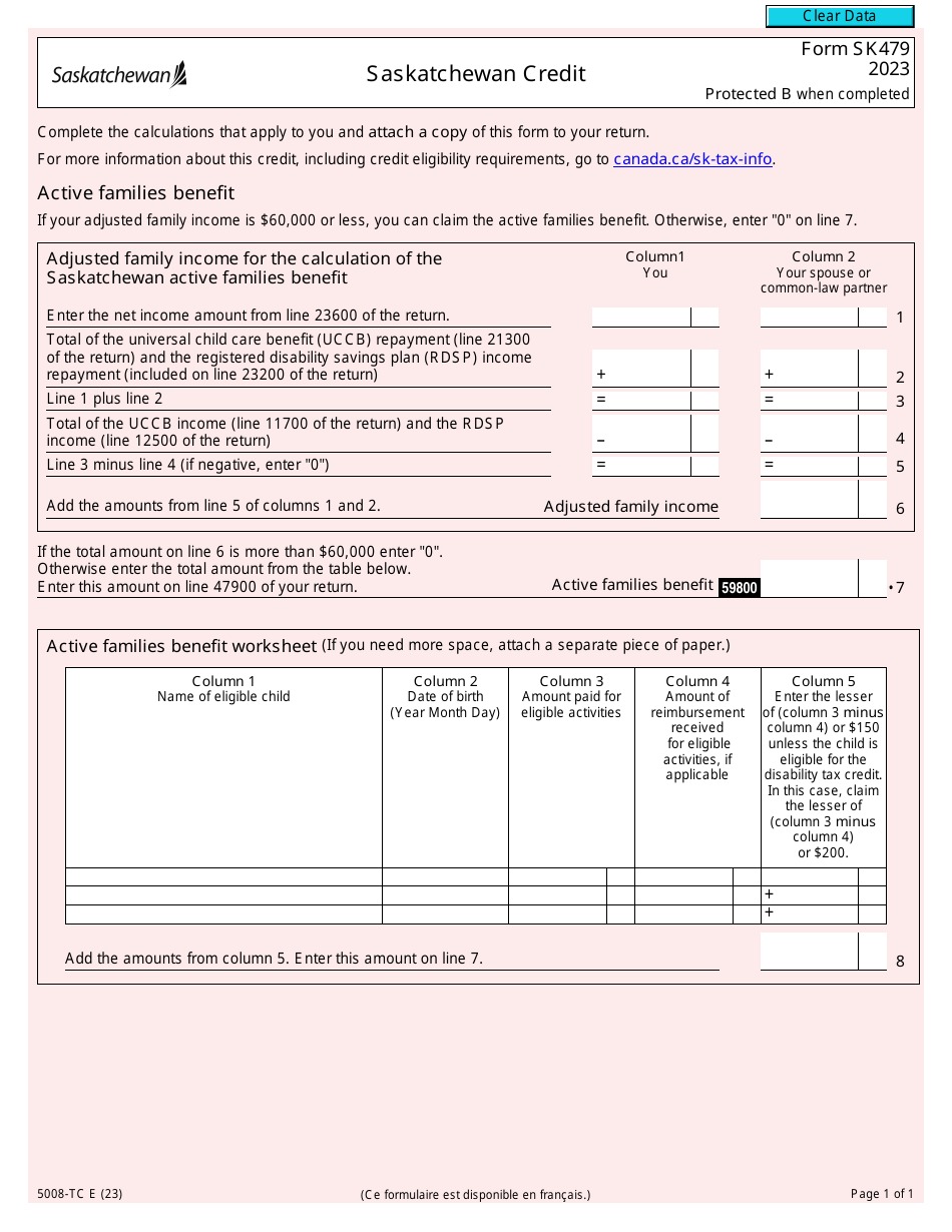 Form 5008-TC (SK479) Saskatchewan Credit - Canada, Page 1