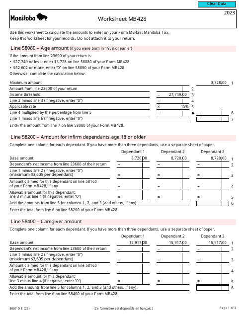 Form 5007-D Worksheet MB428 Manitoba - Canada, 2023