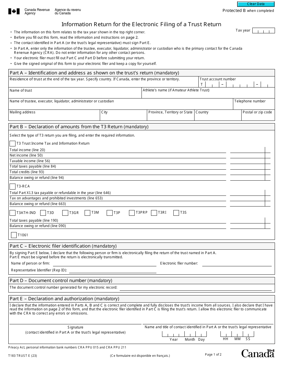 Form T183TRUST Information Return for the Electronic Filing of a Trust Return - Canada, Page 1