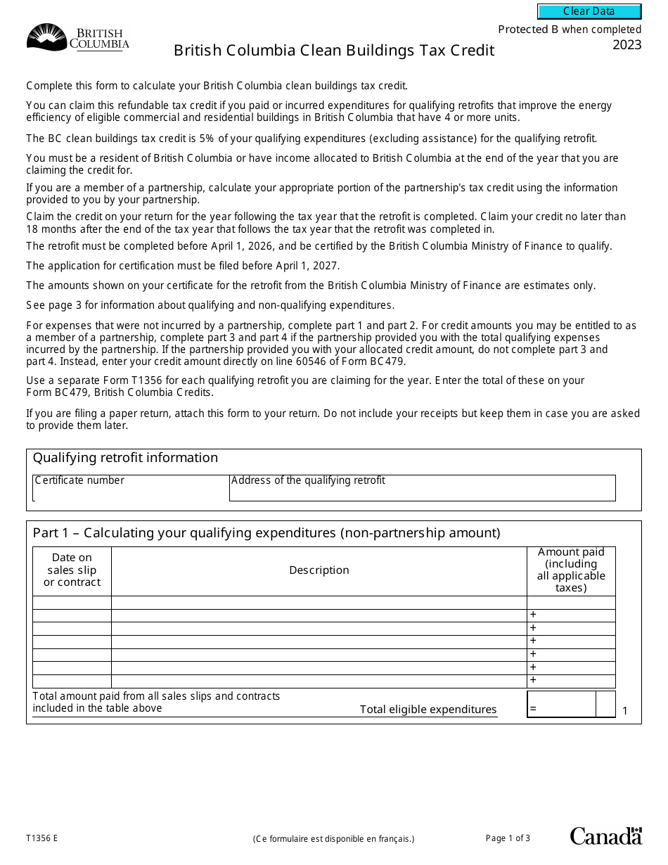 Form T1356 British Columbia Clean Buildings Tax Credit - Canada, Page 1