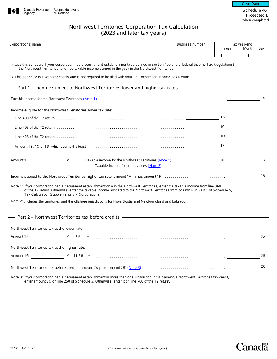 Form T2 Schedule 461 Northwest Territories Corporation Tax Calculation (2023 and Later Tax Years) - Canada, Page 1