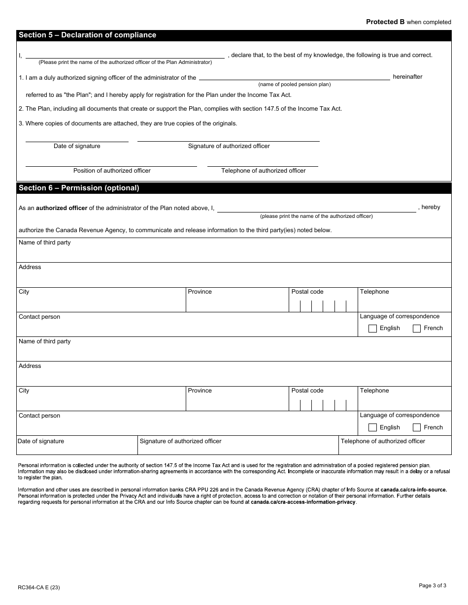 Form RC364-CA Application to Register a Pooled Pension Plan - Canada, Page 3