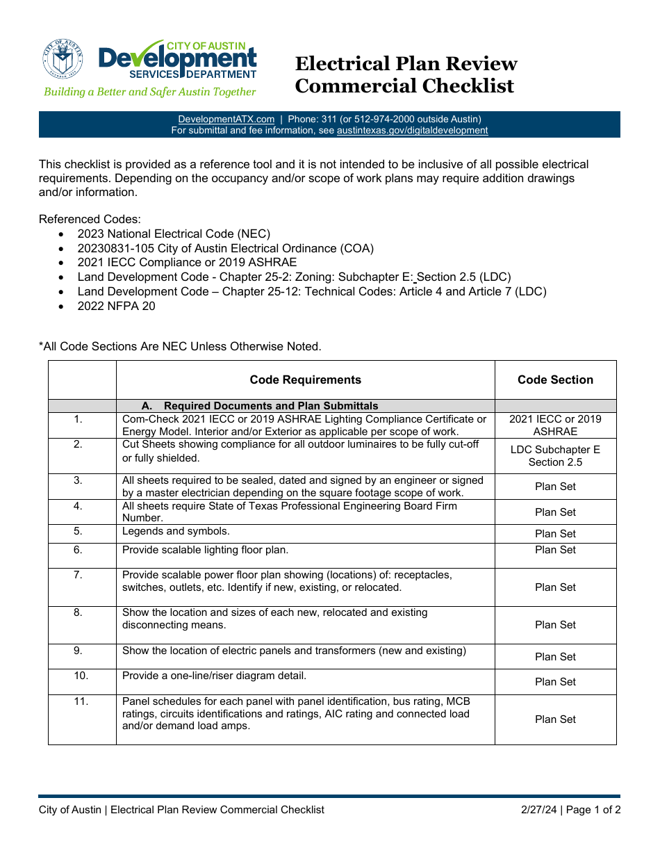 Electrical Plan Review Commercial Checklist - City of Austin, Texas, Page 1