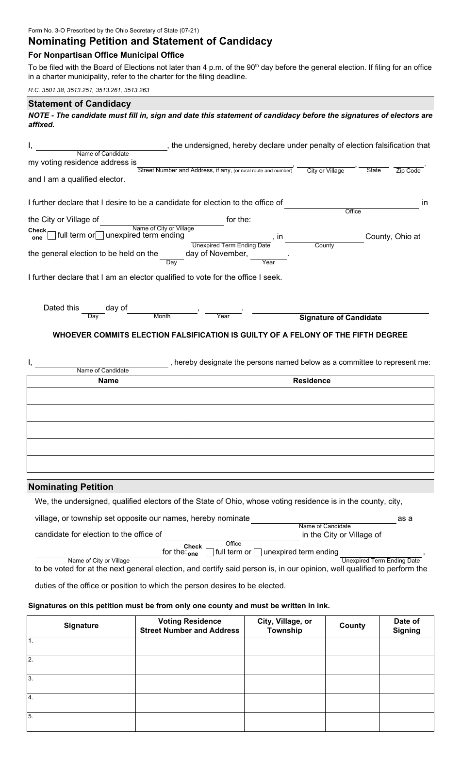 Form 3-O Nominating Petition and Statement of Candidacy for Nonpartisan Office Municipal Office - Ohio, Page 1