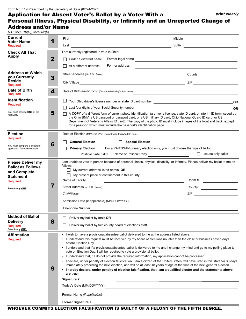 Form 11-I Application for Absent Voters Ballot by a Voter With a Personal Illness, Physical Disability, or Infirmity and an Unreported Change of Address and / or Name - Ohio, Page 1
