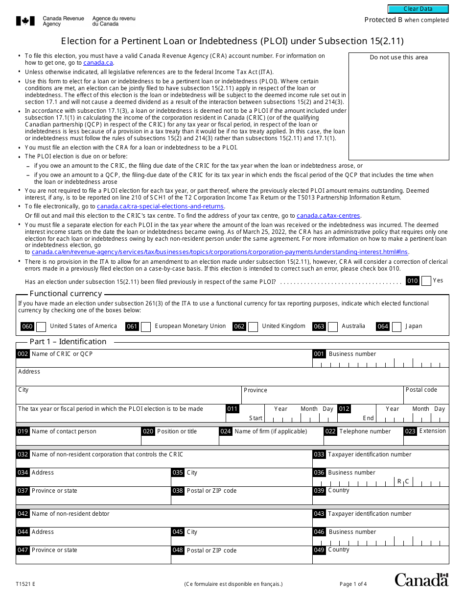 Form T1521 Election for a Pertinent Loan or Indebtedness (Ploi) Under Subsection 15(2.11) - Canada, Page 1