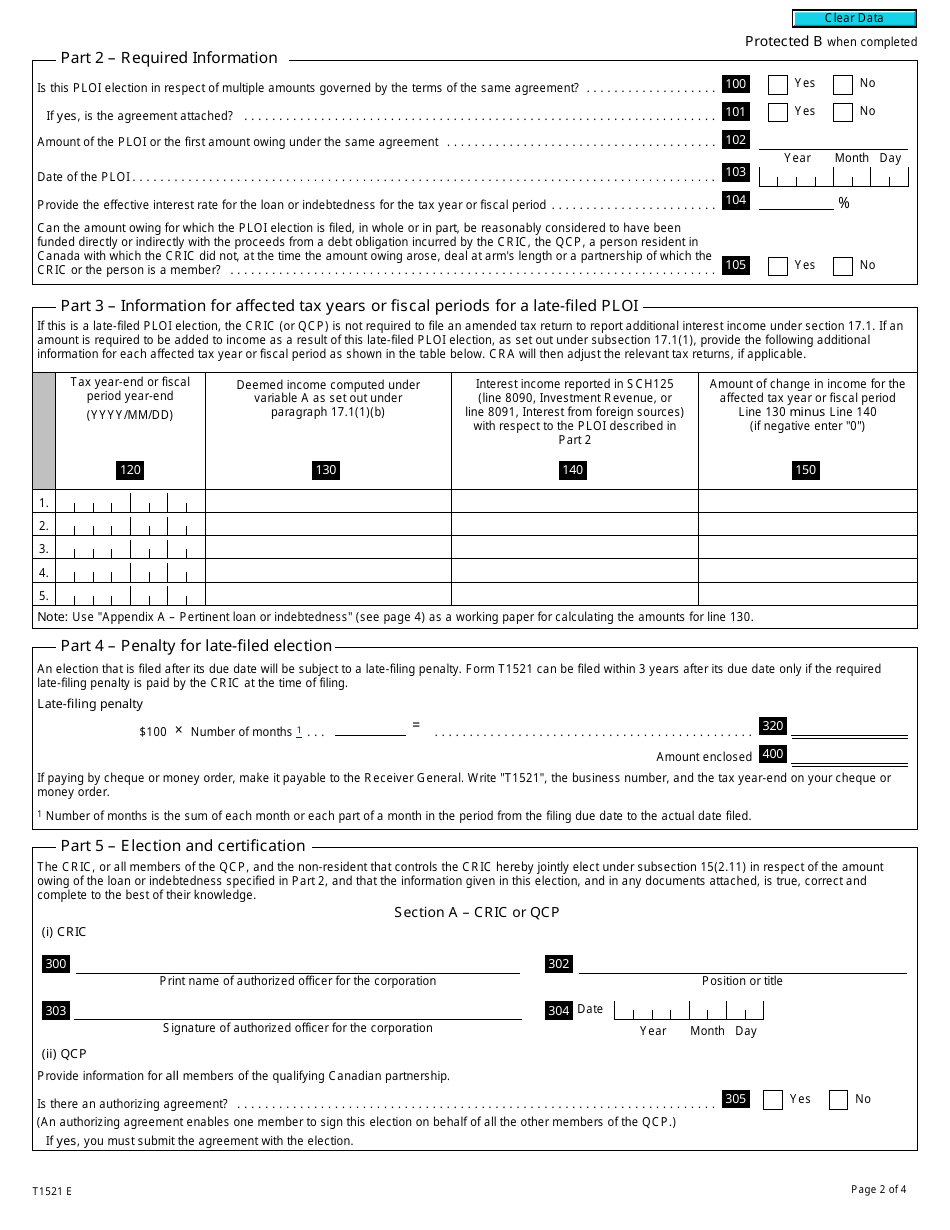 Form T1521 Election for a Pertinent Loan or Indebtedness (Ploi) Under Subsection 15(2.11) - Canada, Page 2