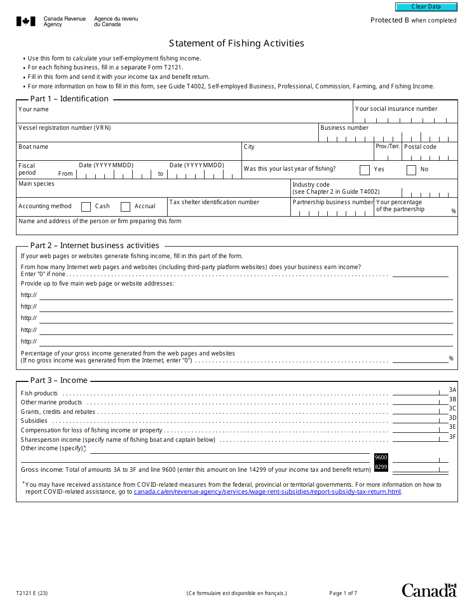 Form T2121 Statement of Fishing Activities - Canada, Page 1