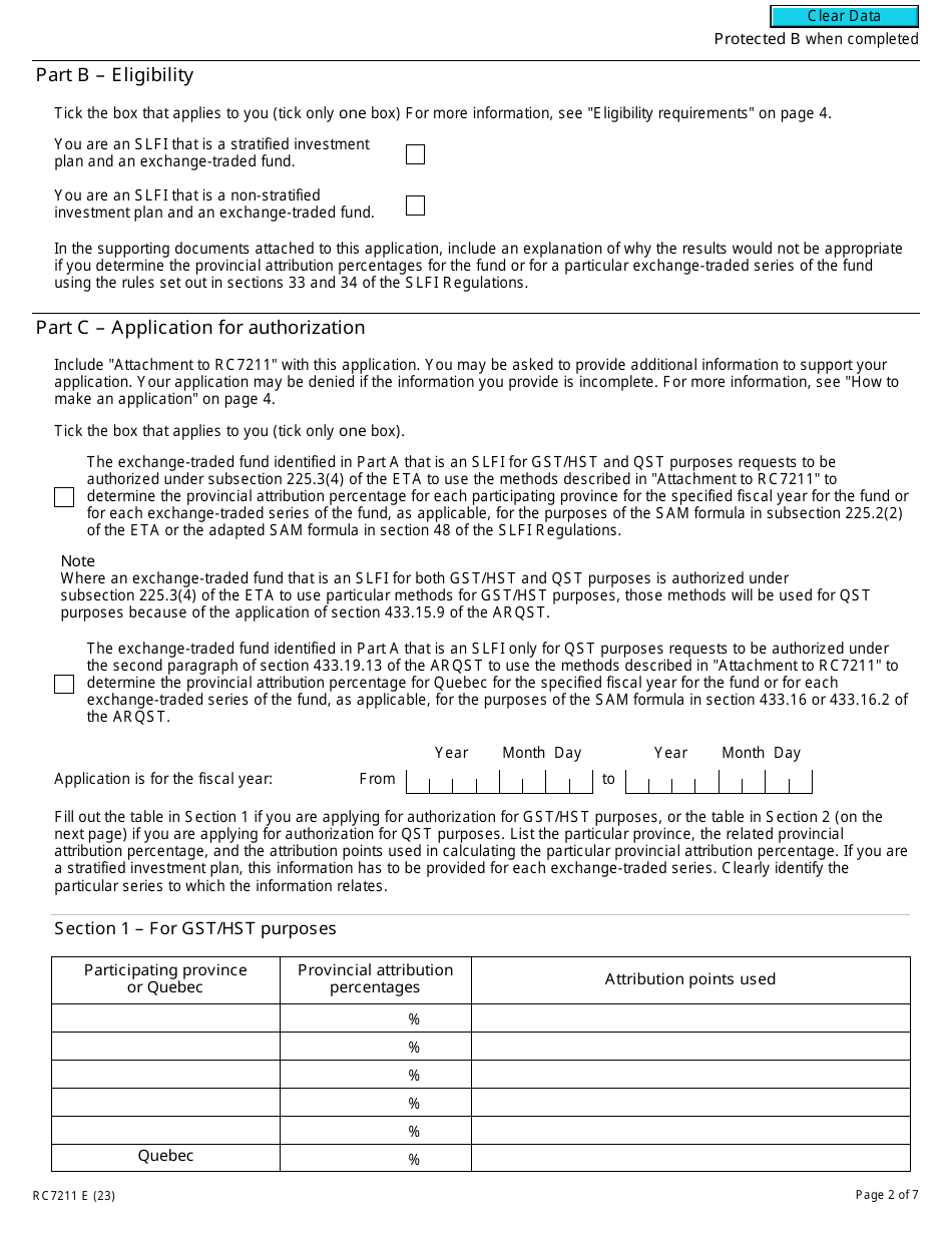 Form RC7211 Application for Authorization or Revocation for an Exchange-Traded Fund to Use Particular Methods to Determine Its Provincial Attribution Percentages for an Slfi for Gst / Hst and Qst Purposes or Only for Qst Purposes - Canada, Page 2