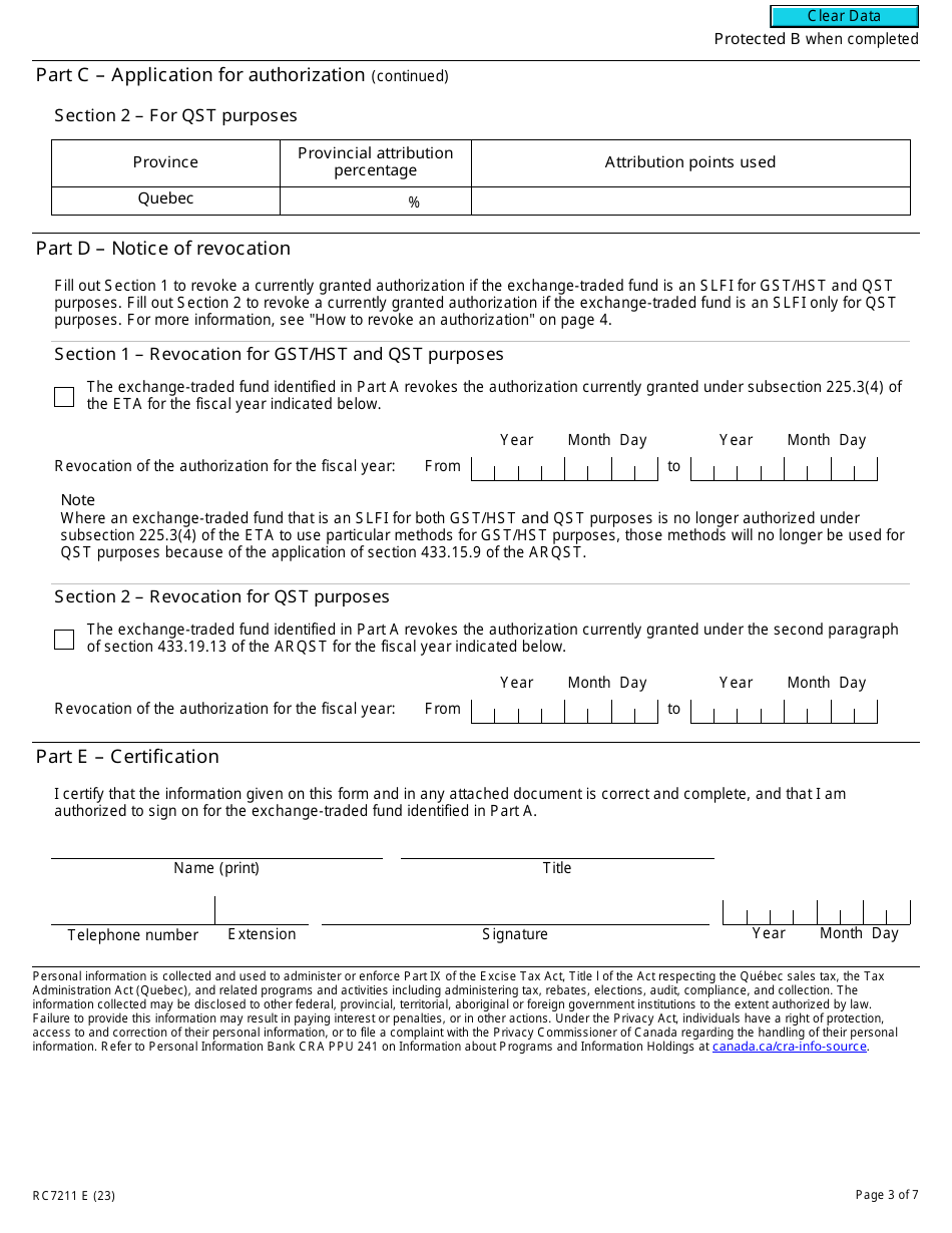 Form RC7211 Application for Authorization or Revocation for an Exchange-Traded Fund to Use Particular Methods to Determine Its Provincial Attribution Percentages for an Slfi for Gst / Hst and Qst Purposes or Only for Qst Purposes - Canada, Page 3