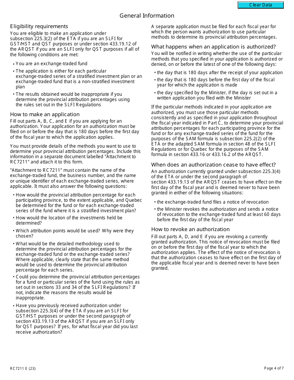 Form RC7211 Application for Authorization or Revocation for an Exchange-Traded Fund to Use Particular Methods to Determine Its Provincial Attribution Percentages for an Slfi for Gst / Hst and Qst Purposes or Only for Qst Purposes - Canada, Page 4