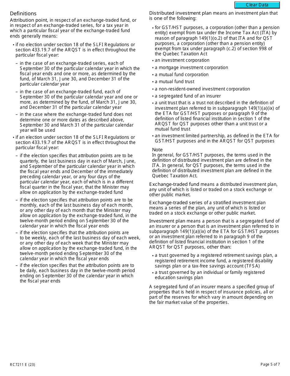 Form RC7211 Application for Authorization or Revocation for an Exchange-Traded Fund to Use Particular Methods to Determine Its Provincial Attribution Percentages for an Slfi for Gst / Hst and Qst Purposes or Only for Qst Purposes - Canada, Page 5