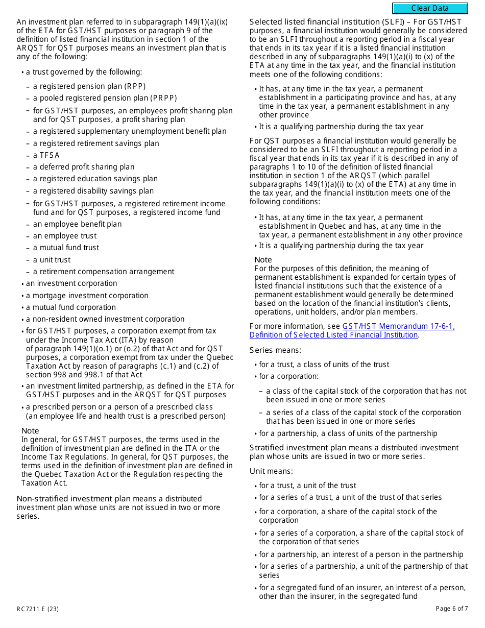 Form RC7211 Application for Authorization or Revocation for an Exchange-Traded Fund to Use Particular Methods to Determine Its Provincial Attribution Percentages for an Slfi for Gst / Hst and Qst Purposes or Only for Qst Purposes - Canada, Page 6