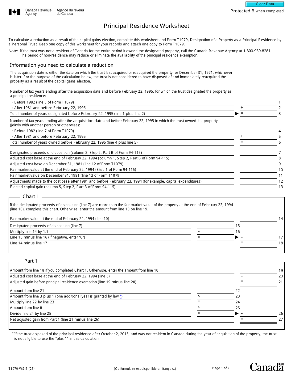 Form T1079-WS Principal Residence Worksheet - Canada, Page 1