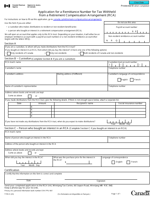 Form T735 Application for a Remittance Number for Tax Withheld From a Retirement Compensation Arrangement (Rca) - Canada