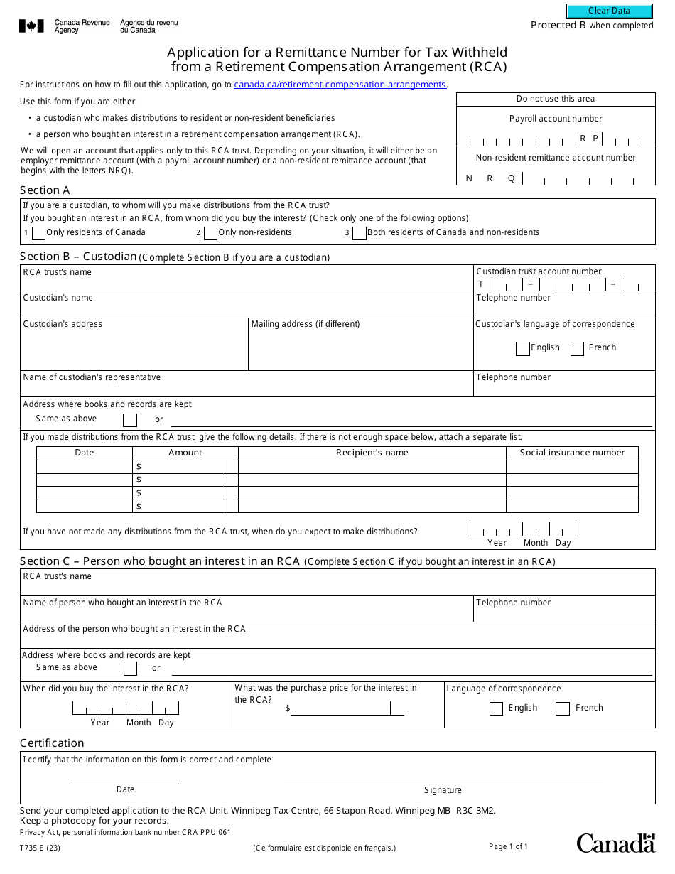 Form T735 Application for a Remittance Number for Tax Withheld From a Retirement Compensation Arrangement (Rca) - Canada, Page 1