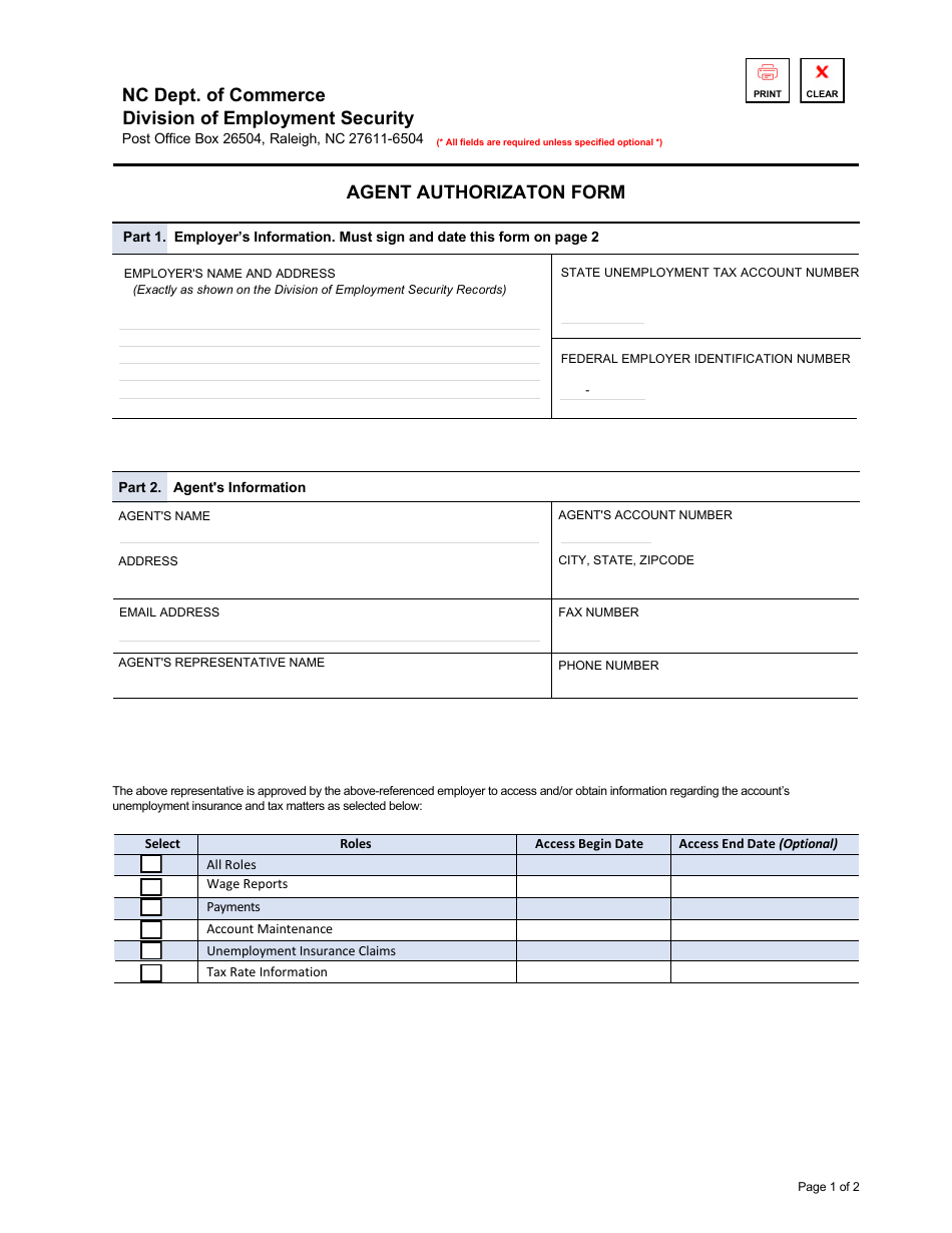 Agent Authorizaton Form - North Carolina, Page 1