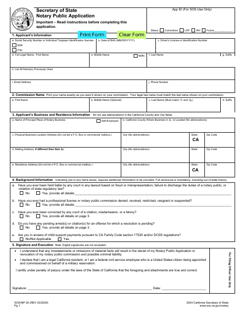Form SOS/NP-30  Printable Pdf