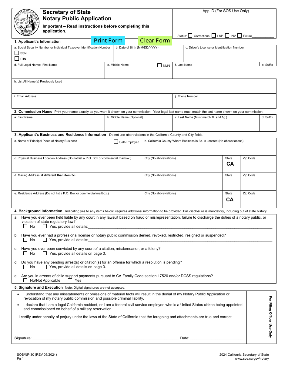 Form SOS / NP-30 Notary Public Application - California, Page 1
