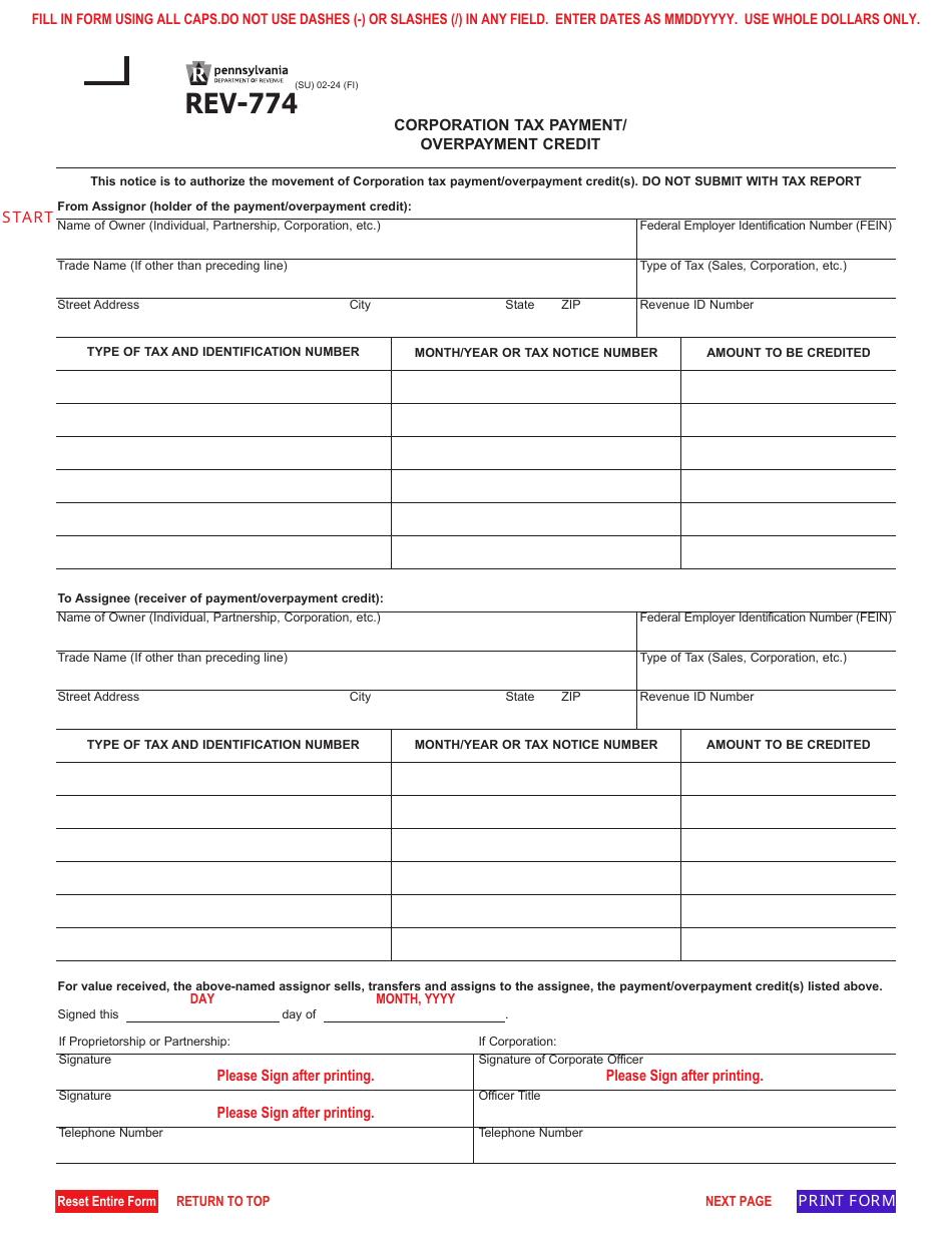 Form REV-774 Corporation Tax Payment / Overpayment Credit - Pennsylvania, Page 1